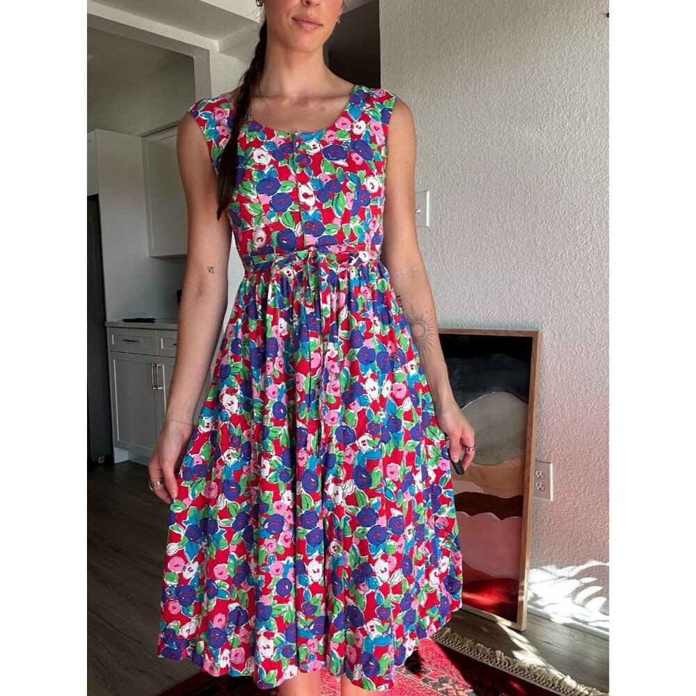 Vintage Robbie Bee 100% Cotton Floral Tie Button Up Midi Dress Multi-Color Sz 6